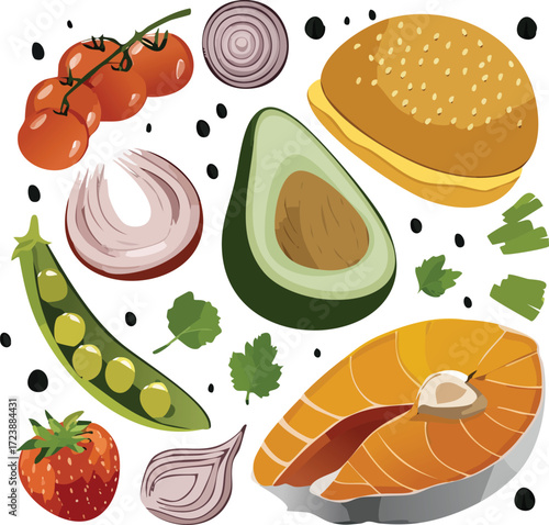 Fresh ingredients illustration a vibrant array of vegetables, fruits, and fish for a healthy meal plan