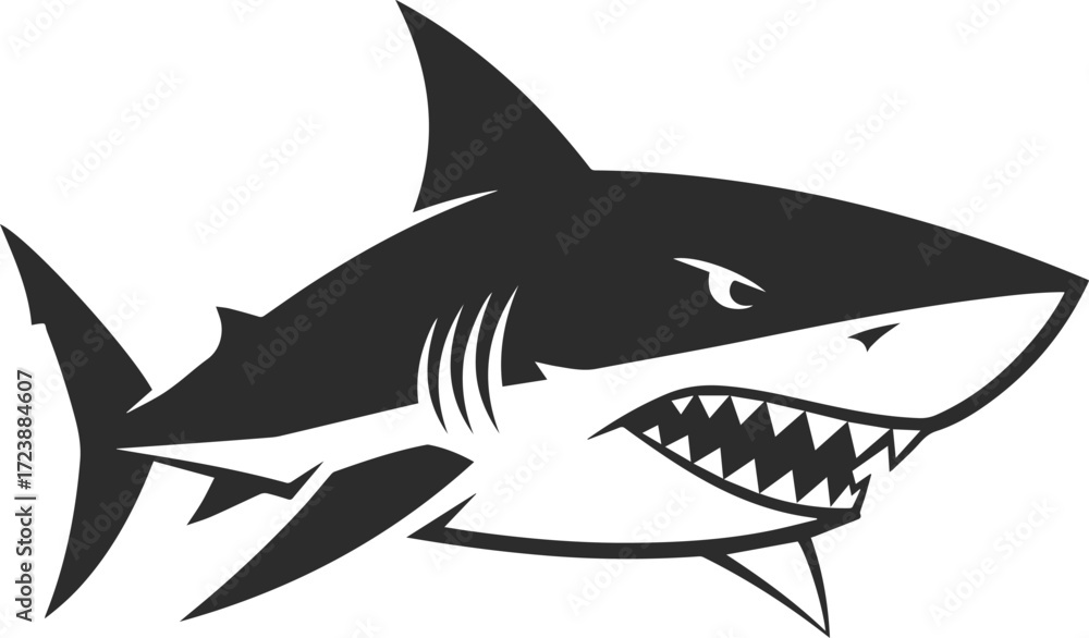 Obraz premium Shark icon with sharp fins and many sharp teeth, aggressive shark logo in black color.