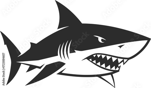 Shark icon with sharp fins and many sharp teeth, aggressive shark logo in black color.