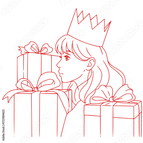 A girl with crown surrounded by gifts, admires gifts with ribbons and bows for celebration - cute vector image
