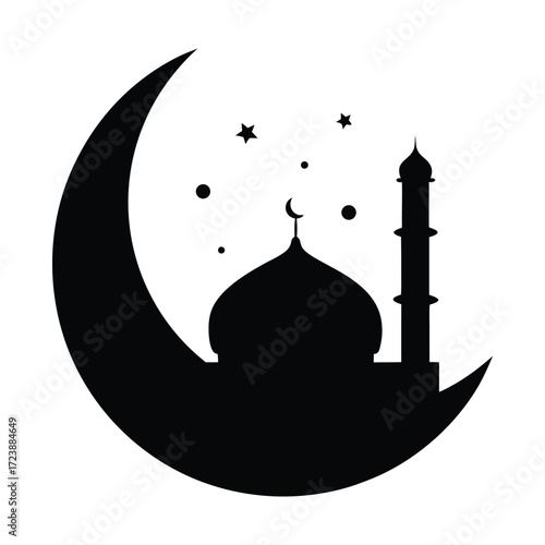 Islamic ramadan kareem crescent moon with mosque silhouette vector illustration graphic design