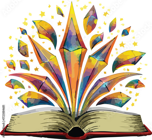 A conceptual illustration of an open book with a magical explosion of colorful rainbow crystals, gems, and stars representing imagination and knowledge