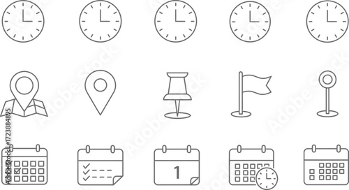 Collection of simple line icons for time location and schedule