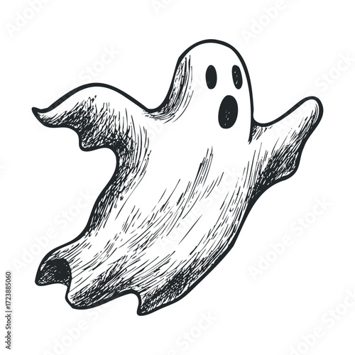 Hand-drawn sketch of a flying ghost with a surprised face.