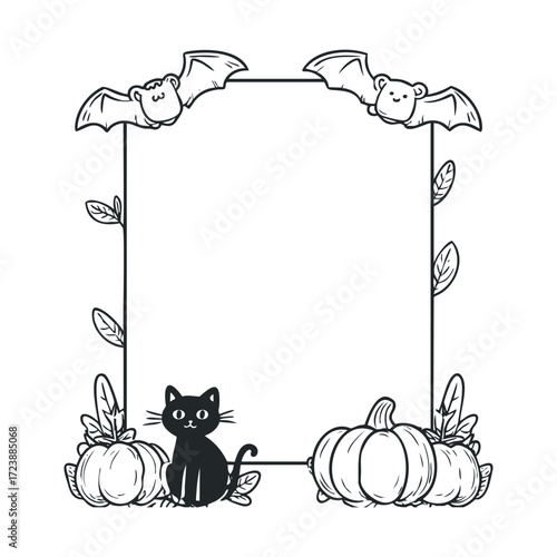 Spooky frame with cute bats, pumpkins, and a black cat.
