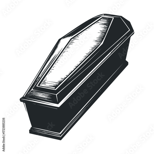 Etching-style black and white illustration of a closed coffin
