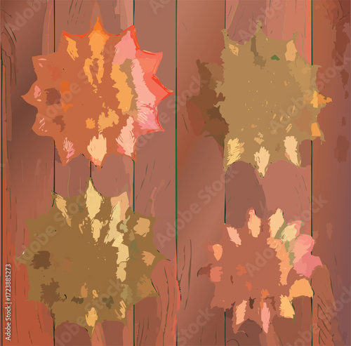 Grunge style vector illustration featuring four abstract starburst stickers with an autumn color palette on a rustic wooden background