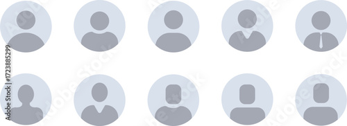 Gray user avatar icons set in flat circular style. Simple profile placeholders for social media, applications, and web design. Minimal people symbols for accounts, identity, and interface graphics.