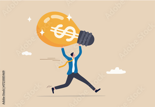 Make money from new idea or profit from investment, creativity or innovation to increase earning growth, financial idea concept, happy businessman carrying bright lightbulb idea with dollar money sign