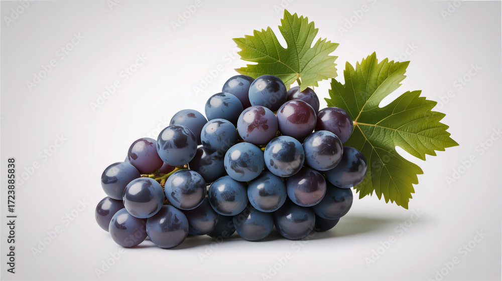 Fototapeta premium Fresh dark purple grapes with green leaves on a light background