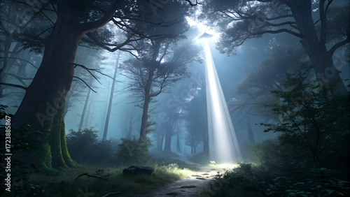 Illustration of a forest at night with a flying saucer shining a beam of light down