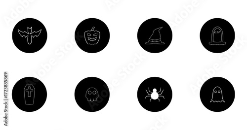Halloween icons set over white background with white Doodle Lines in Globe block style