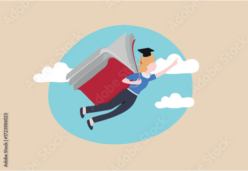 Education or academic on personal development, knowledge to empower career growth and improve business skill concept, success graduated student flying with book wings in the sky aim for bright future.