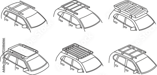Collection of six isometric vehicle roof rack illustrations in black and white