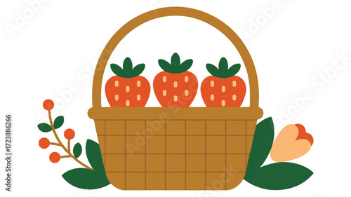 Vector art of wicker basket filled with ripe strawberries