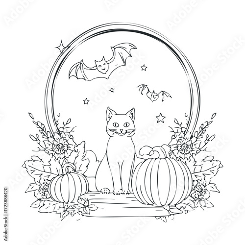 Cute cat, gourds, and bats framed by a circle and flowers.