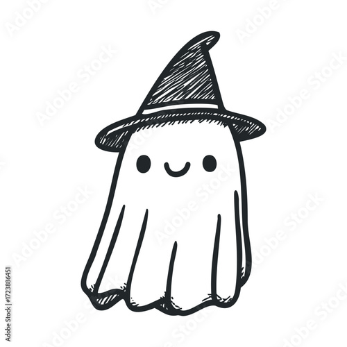 Simple sketch of a friendly ghost wearing a pointy witch hat.