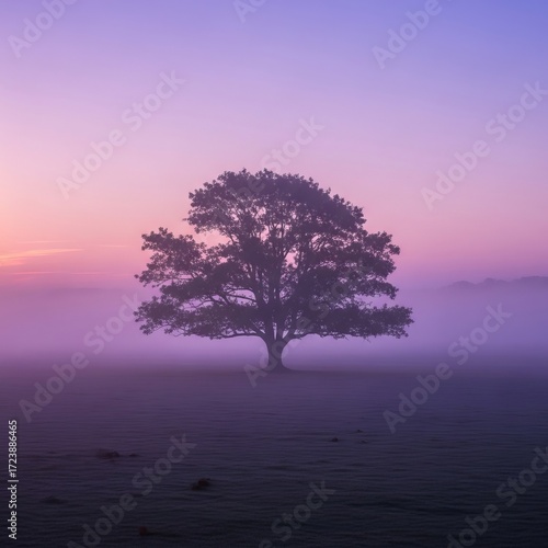 Wallpaper Mural Solitary tree silhouetted against a misty, pastel sunrise sky. Torontodigital.ca
