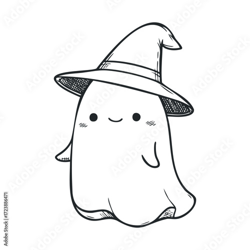 Simple drawing of a happy little ghost wearing a wide brim witch hat.