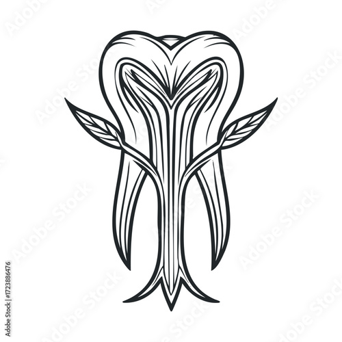 Stylized drawing of an enchanted, leafy vampire fang or tooth.