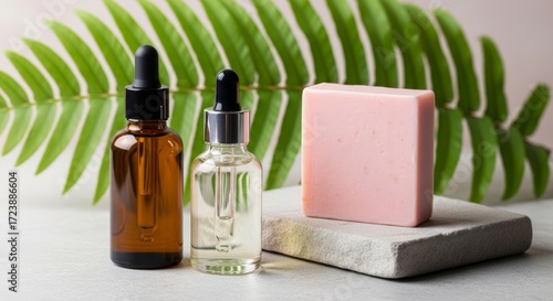 Wallpaper Mural Natural organic skincare products and soap set against a tropical leaf backdrop Torontodigital.ca