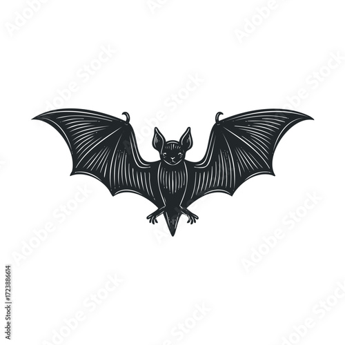 Dark engraving style drawing of a flying bat with wide wings.