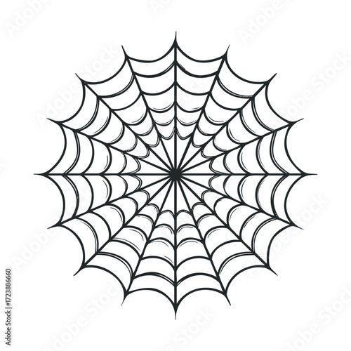 Graphic drawing of a symmetrical spiderweb on a white background.