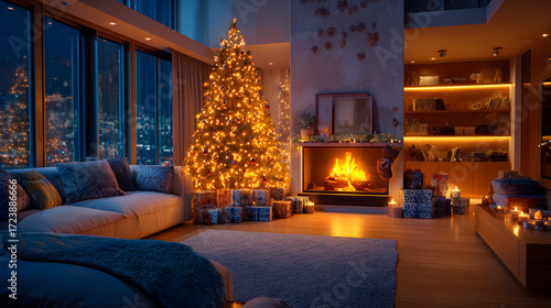 Festive Christmas Eve in a modern city apartment with glowing tree and fireplace