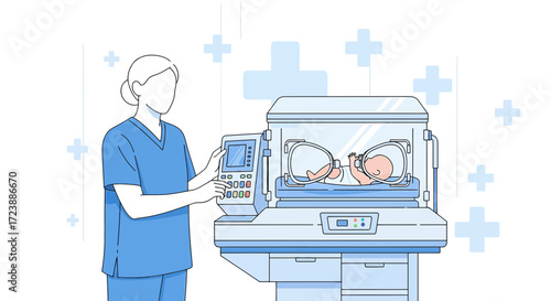 Neonatal Intensive Care Unit Illustration: A Nurse Caring for a Premature Baby