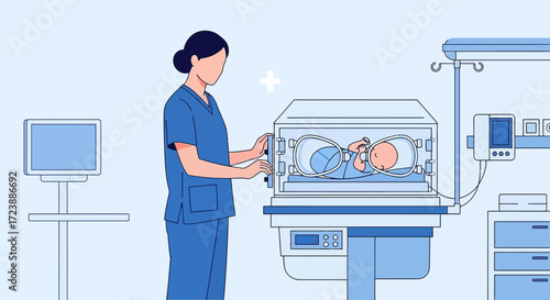 Neonatal intensive care unit illustration showcasing a nurse tending to a baby in an incubator