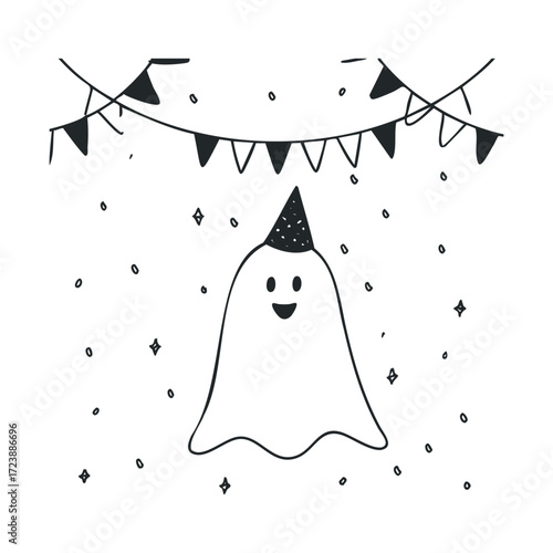 Simple doodle of a cheerful ghost wearing a party hat.