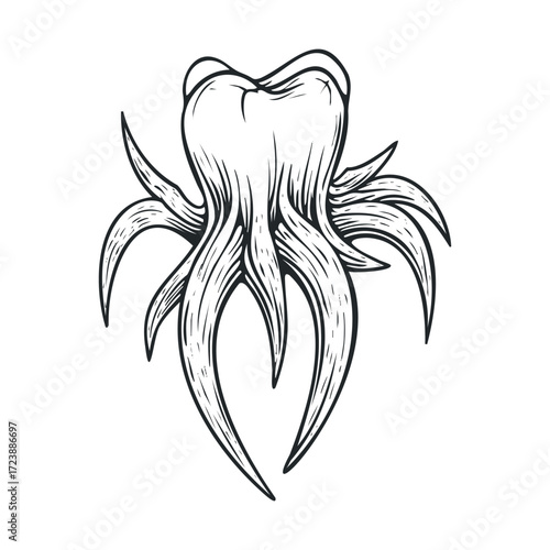 Spooky hand-drawn tooth with twisted, monstrous roots.