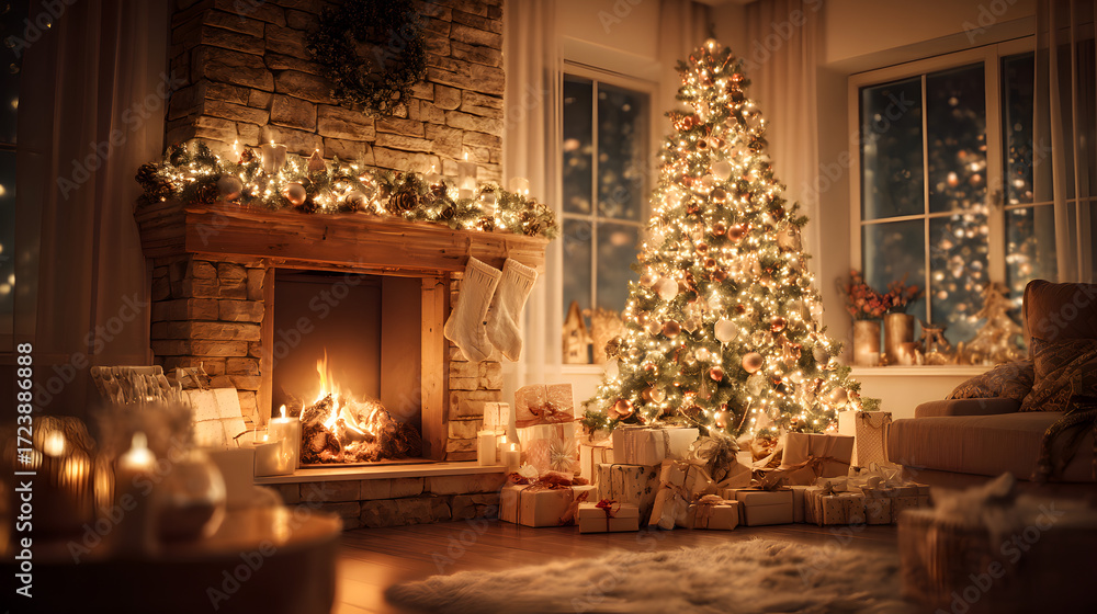 Obraz premium Cozy Christmas Eve scene with twinkling tree crackling fireplace and wrapped gifts