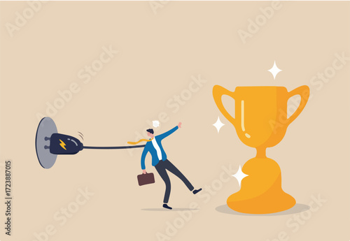 Try too hard, business limit or mistake causing failure, almost success but fail, bad planning or mismanagement concept, businessman trying too hard to reach for achievement but fail with limitation.