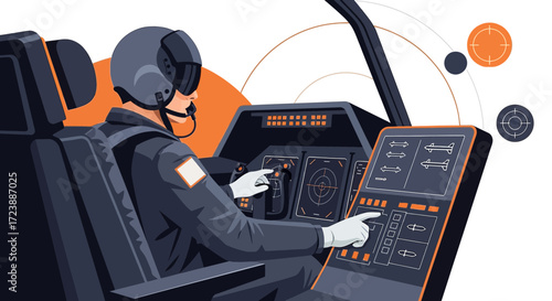 Pilot operating controls in modern aircraft cockpit with advanced display panels navigation system