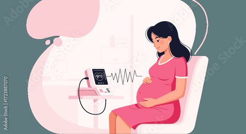 Pregnant woman monitoring baby's heartbeat with fetal doppler in antenatal care appointment