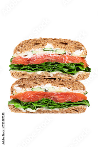 Pieces of salmon sandwich with cream cheese on transparent background