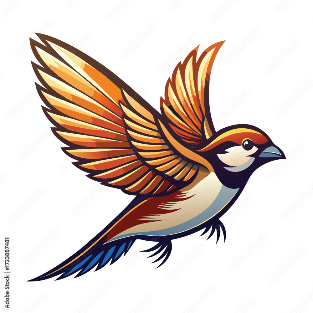 Fototapeta premium Stylized illustration of a sparrow in flight with vibrant orange wings