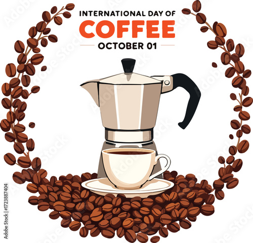 Black and white illustration of moka pot and coffee cup with bean circle and “International Day of Coffee October 01” text