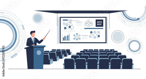 Professional speaker delivering business presentation to an empty auditorium audience view with