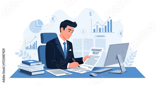 Professional signing insurance documents in a modern office environment illustration