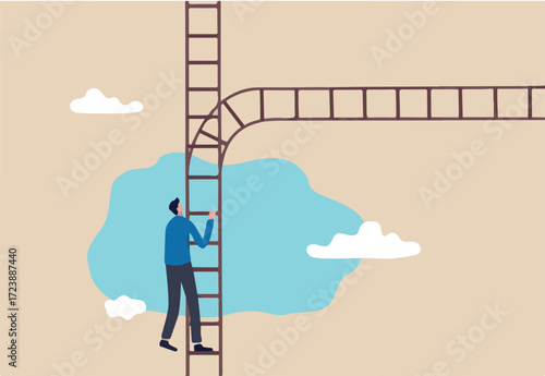 Career crossroad to make decision, business choice or alternative, choose career path to succeed in work, multiple opportunity concept, businessman climb up ladder of success to find destiny crossroad