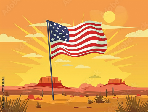 American flag waving proudly in the desert with stunning sunset backdrop illustration