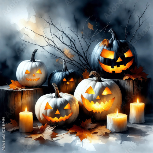 Spooky and cozy Halloween illustration with carved pumpkins, glowing candles, autumn leaves and seasonal decor. Perfect for posters, cards and festive design.