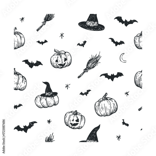 Repeatable doodles of pumpkins, hats, brooms, and bats on white.