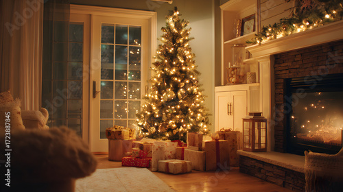 Cozy Christmas Eve Scene with Glowing Tree Presents and a Warm Fireplace