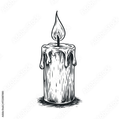 Black and white drawing of a lit, melting candle.