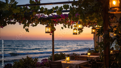 a cozy romantic street cafe next to a park or on the seashore. the beginning of the sunset, tables with vases and candles