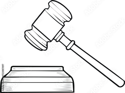 Illustration of a Gavel Striking a Wooden Block, Symbolic of Justice, Law, and Legal Proceedings, Isolated White Background