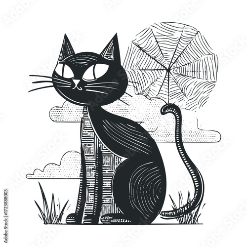 Stylized black cat with a spiderweb sun